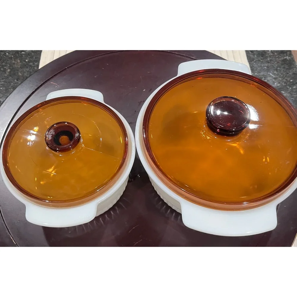Vintage Fire King Ovenware Amber Glass Lids Baking Dishes~ Set of 2 ~ 1 and 2 QT